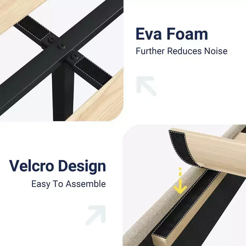 Lit plateforme avec tête de lit géométrique à oreilles, lit capitonné moderne avec support à lattes en bois, pas besoin de sommier, montage facile
