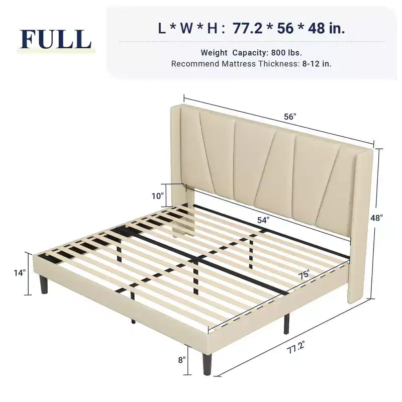 Lit plateforme avec tête de lit géométrique à oreilles, lit capitonné moderne avec support à lattes en bois, pas besoin de sommier, montage facile