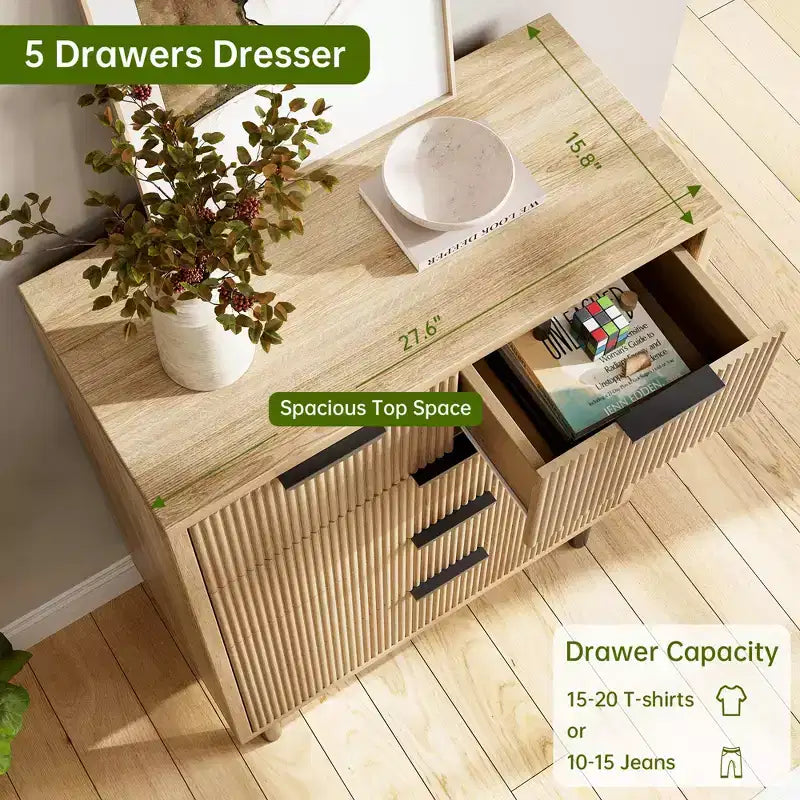 Commode à 5 tiroirs Fulvari pour chambre à coucher, commode en bois de 37 pouces avec poignée dorée, organisateur de rangement en bois, commode de placard