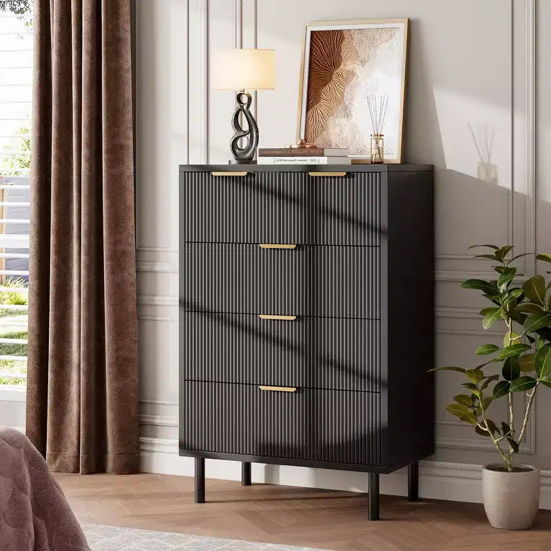 Commode à 5 tiroirs Fulvari pour chambre à coucher, commode en bois de 37 pouces avec poignée dorée, organisateur de rangement en bois, commode de placard