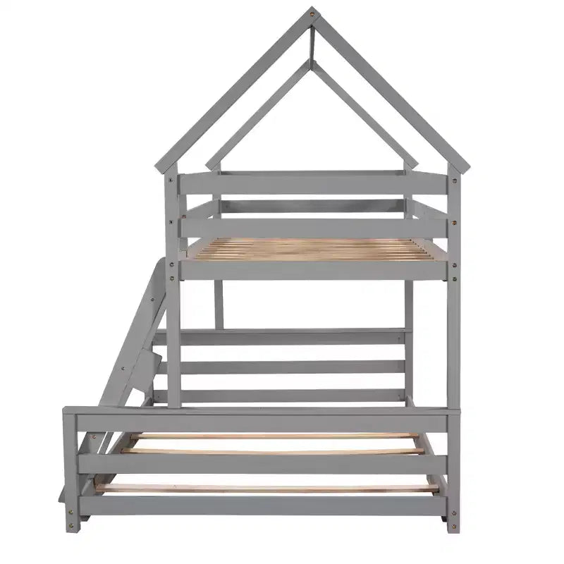 Lit superposé double sur plein en bois, Cadre de lit maison en bois massif avec échelle intégrée, Convertible en 2 lits, Lit superposé bas pour enfants et adolescents