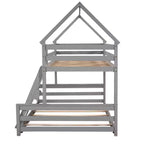 Lit superposé double sur plein en bois, Cadre de lit maison en bois massif avec échelle intégrée, Convertible en 2 lits, Lit superposé bas pour enfants et adolescents