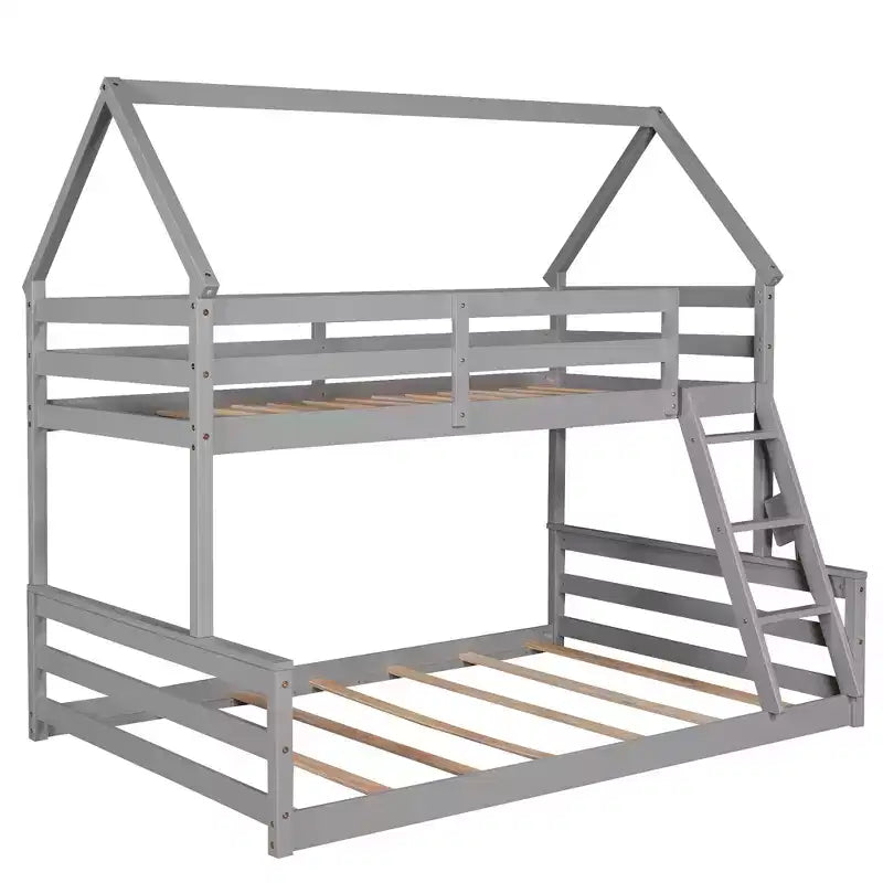 Lit superposé double sur plein en bois, Cadre de lit maison en bois massif avec échelle intégrée, Convertible en 2 lits, Lit superposé bas pour enfants et adolescents