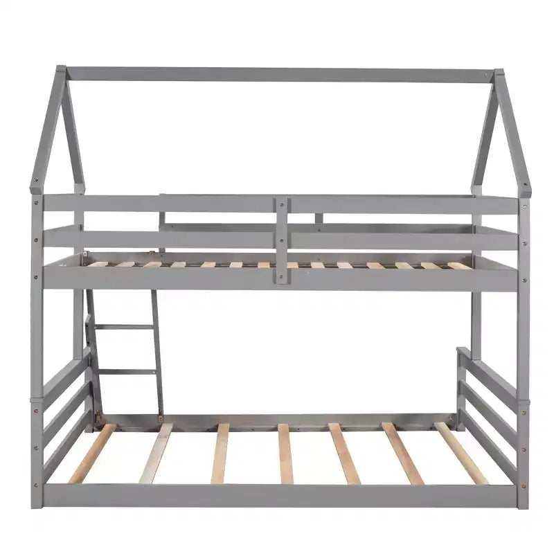Lit superposé double sur plein en bois, Cadre de lit maison en bois massif avec échelle intégrée, Convertible en 2 lits, Lit superposé bas pour enfants et adolescents