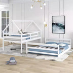 Lit superposé double sur plein en bois, Cadre de lit maison en bois massif avec échelle intégrée, Convertible en 2 lits, Lit superposé bas pour enfants et adolescents