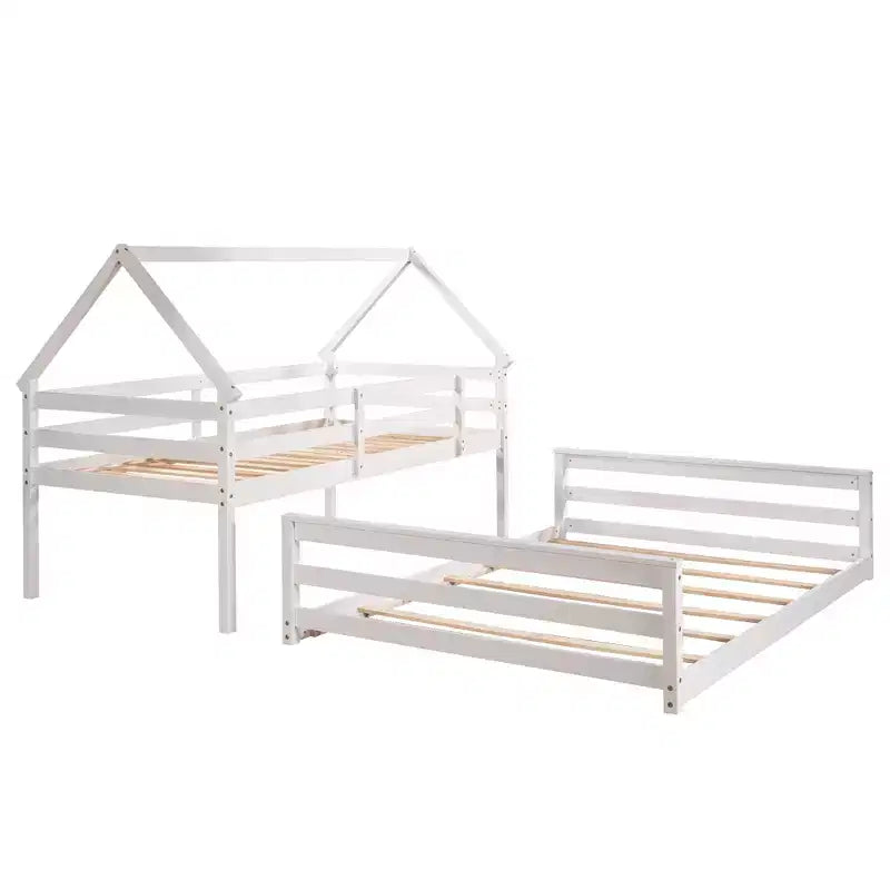 Lit superposé double sur plein en bois, Cadre de lit maison en bois massif avec échelle intégrée, Convertible en 2 lits, Lit superposé bas pour enfants et adolescents