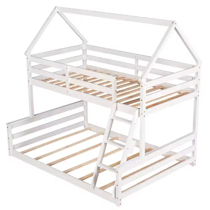 Lit superposé double sur plein en bois, Cadre de lit maison en bois massif avec échelle intégrée, Convertible en 2 lits, Lit superposé bas pour enfants et adolescents