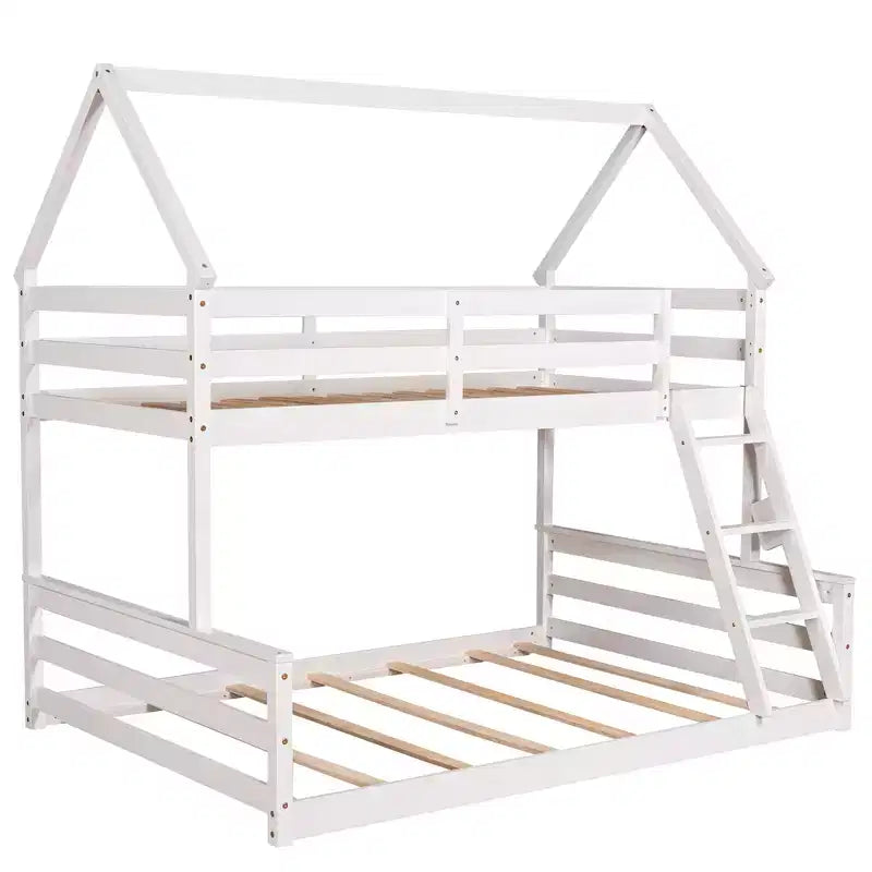 Lit superposé double sur plein en bois, Cadre de lit maison en bois massif avec échelle intégrée, Convertible en 2 lits, Lit superposé bas pour enfants et adolescents