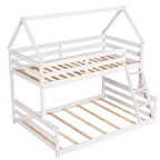 Lit superposé double sur plein en bois, Cadre de lit maison en bois massif avec échelle intégrée, Convertible en 2 lits, Lit superposé bas pour enfants et adolescents