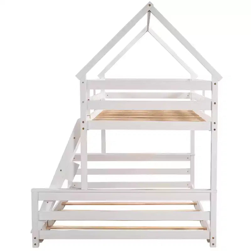 Lit superposé double sur plein en bois, Cadre de lit maison en bois massif avec échelle intégrée, Convertible en 2 lits, Lit superposé bas pour enfants et adolescents