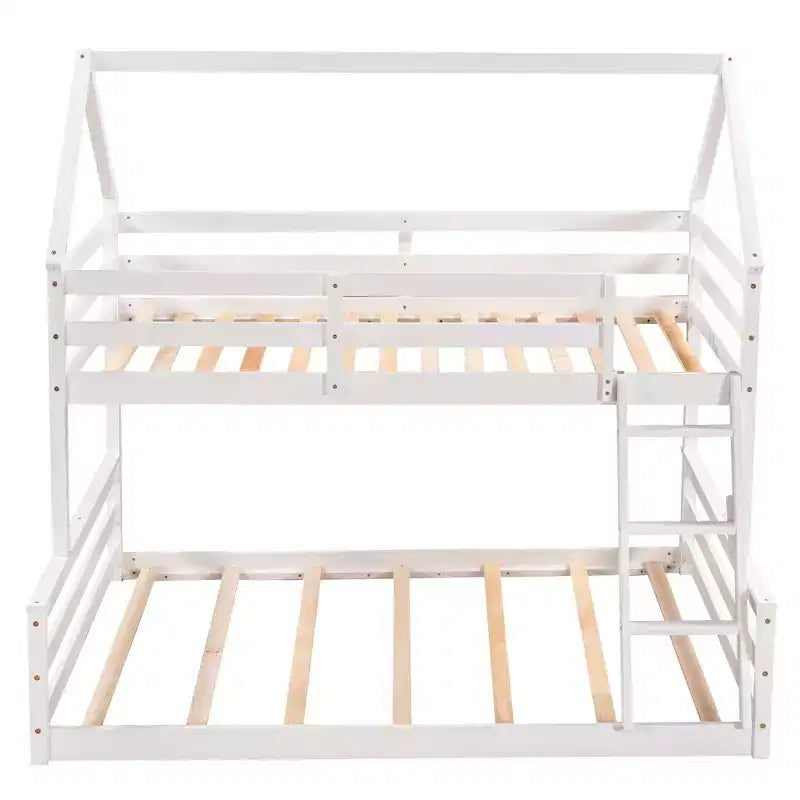 Lit superposé double sur plein en bois, Cadre de lit maison en bois massif avec échelle intégrée, Convertible en 2 lits, Lit superposé bas pour enfants et adolescents