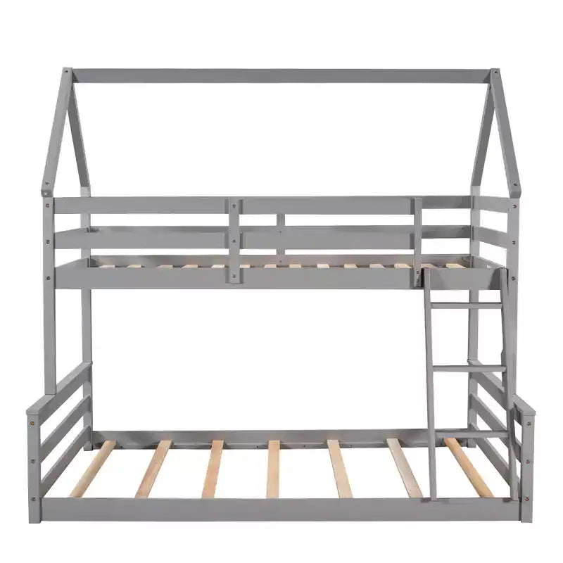 Lit superposé double sur plein en bois, Cadre de lit maison en bois massif avec échelle intégrée, Convertible en 2 lits, Lit superposé bas pour enfants et adolescents