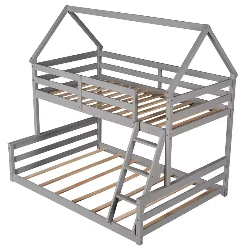 Lit superposé double sur plein en bois, Cadre de lit maison en bois massif avec échelle intégrée, Convertible en 2 lits, Lit superposé bas pour enfants et adolescents