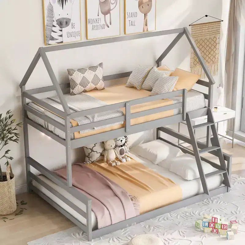 Wood Twin over Full Bunk Bed, Solid Wood House Bed Frame Built in Ladder, Convertible to 2 Beds, Floor Bunk Bed for Kids Teens