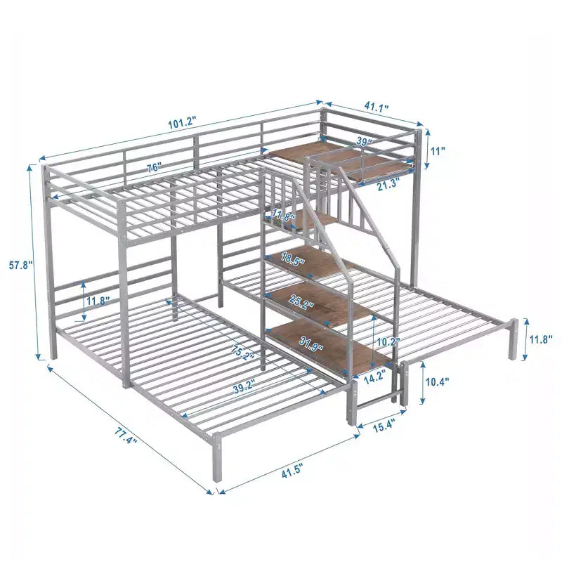 Lits superposés triples en forme de L pour 3 enfants, lits superposés en métal avec escalier de rangement et étagères