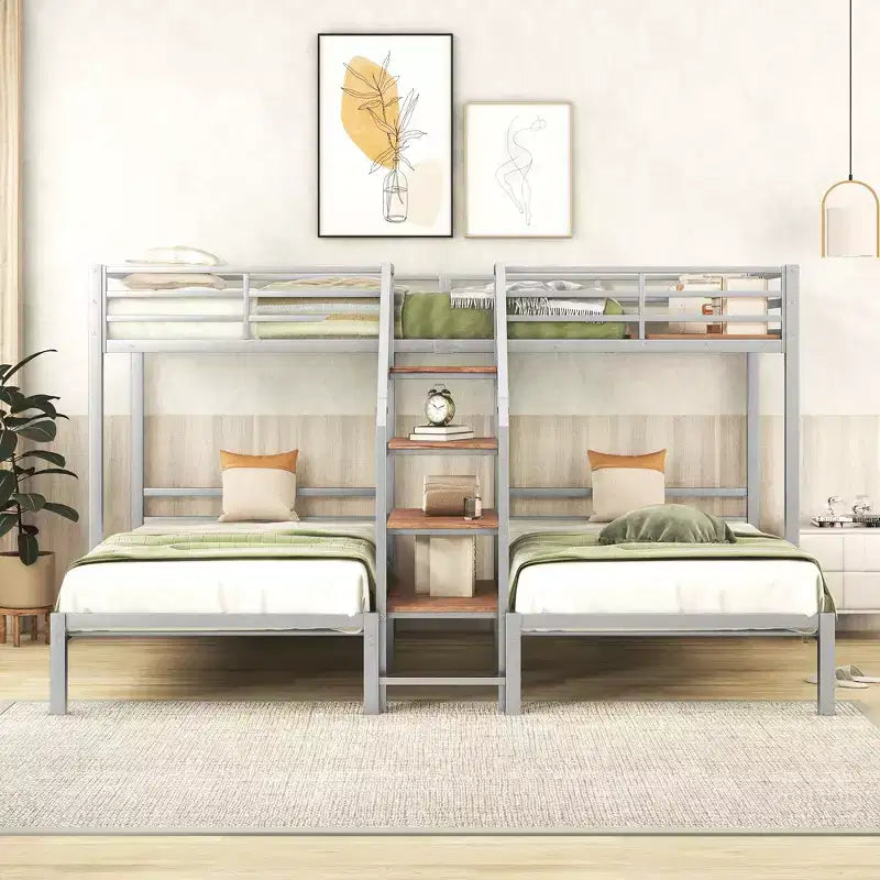 Lits superposés triples en forme de L pour 3 enfants, lits superposés en métal avec escalier de rangement et étagères