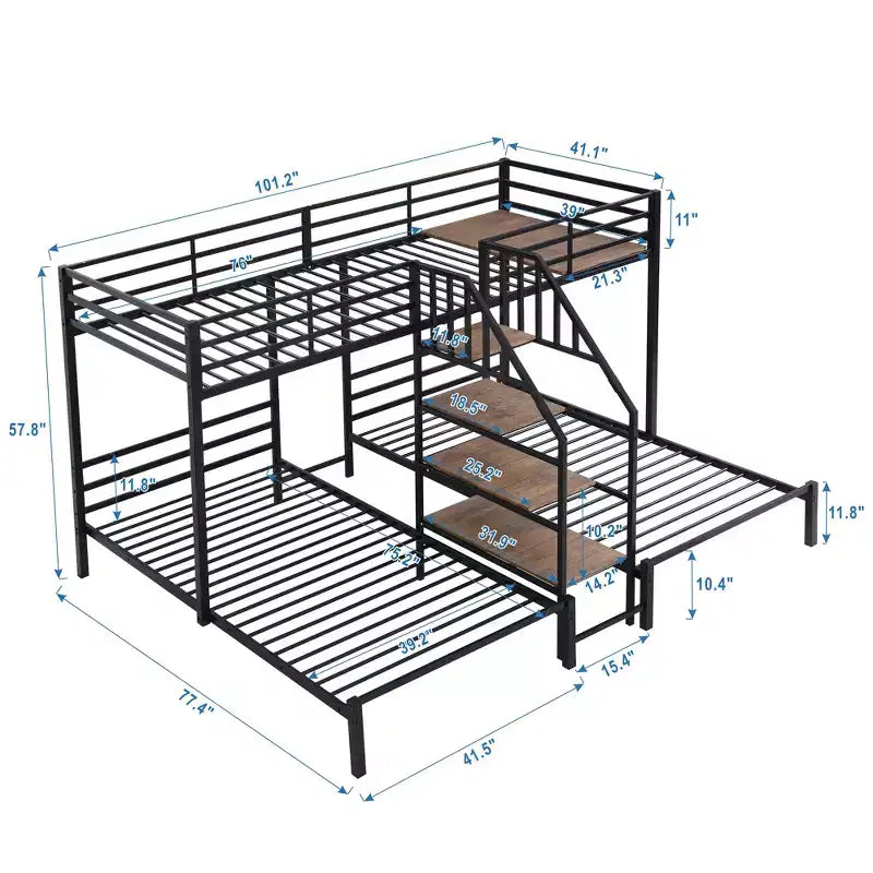 Lits superposés triples en forme de L pour 3 enfants, lits superposés en métal avec escalier de rangement et étagères