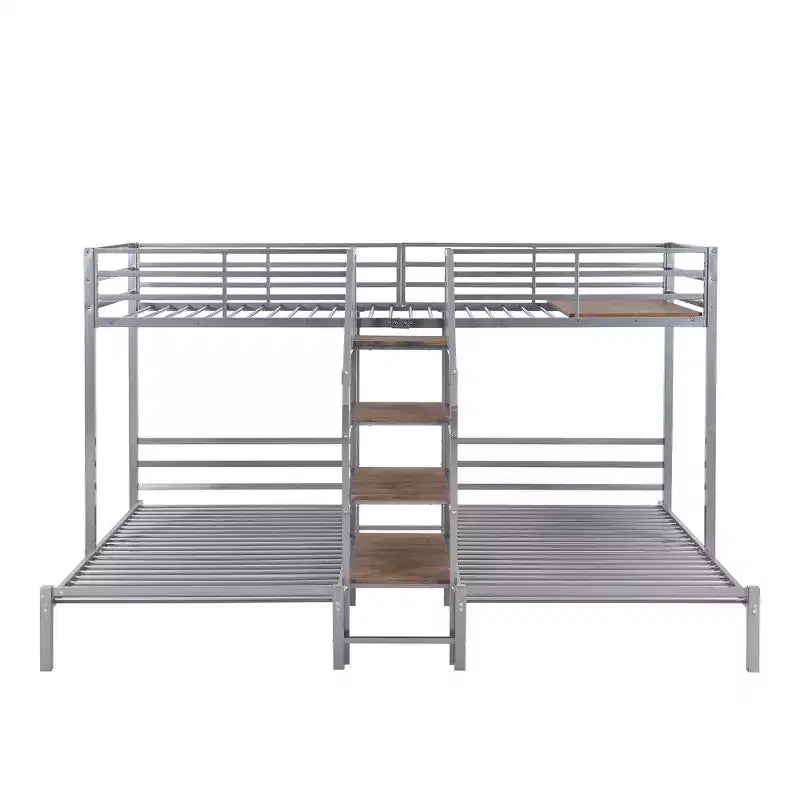 Lits superposés triples en forme de L pour 3 enfants, lits superposés en métal avec escalier de rangement et étagères