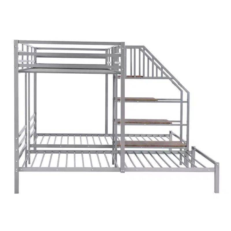 Lits superposés triples en forme de L pour 3 enfants, lits superposés en métal avec escalier de rangement et étagères