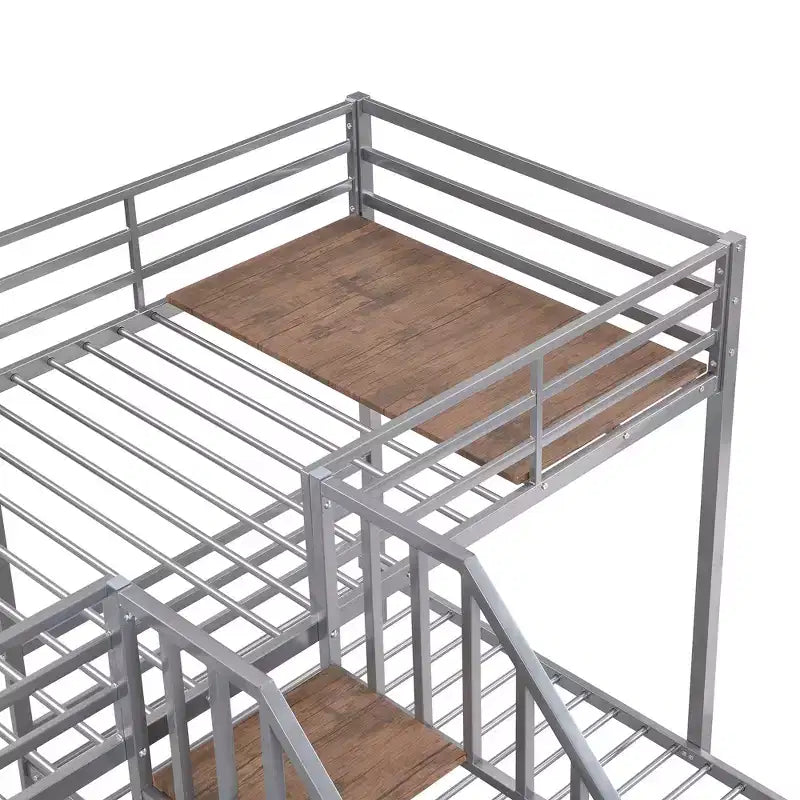 Lits superposés triples en forme de L pour 3 enfants, lits superposés en métal avec escalier de rangement et étagères