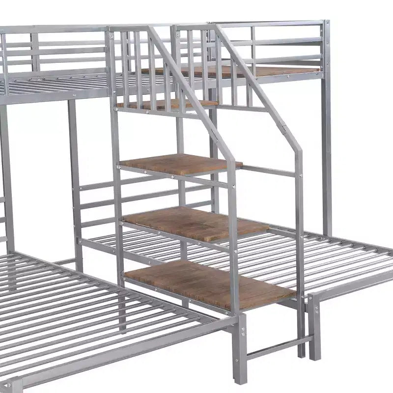 Lits superposés triples en forme de L pour 3 enfants, lits superposés en métal avec escalier de rangement et étagères
