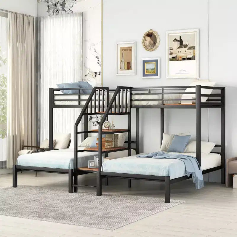 Lits superposés triples en forme de L pour 3 enfants, lits superposés en métal avec escalier de rangement et étagères