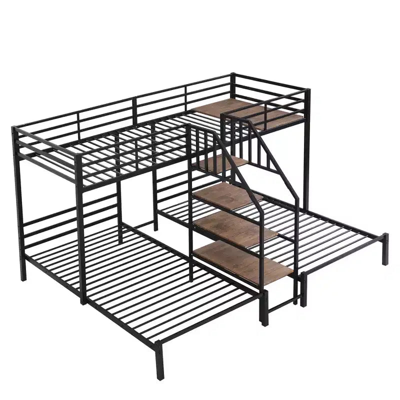 Lits superposés triples en forme de L pour 3 enfants, lits superposés en métal avec escalier de rangement et étagères