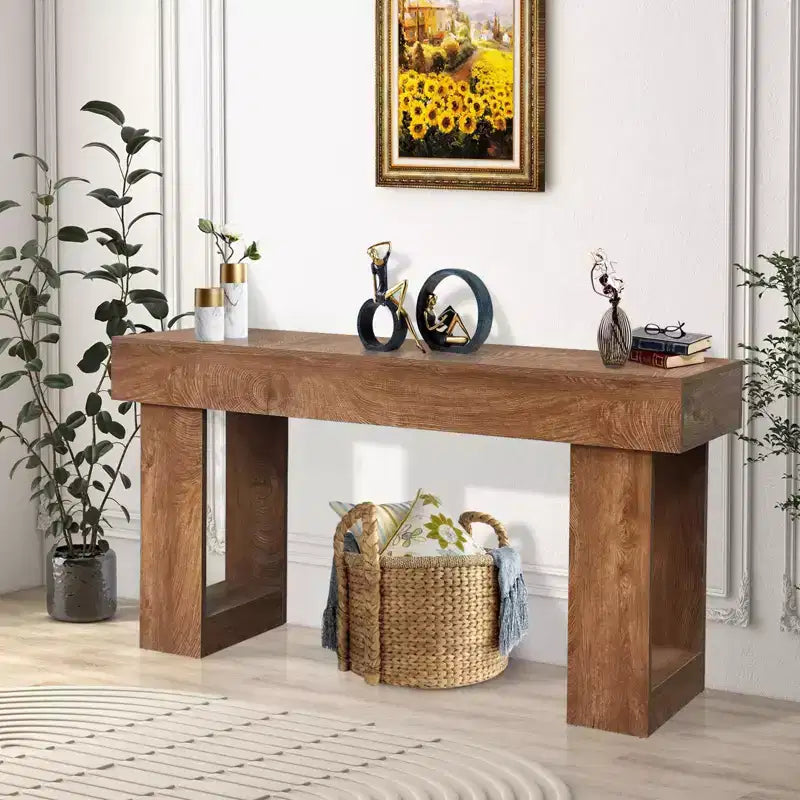 Console en bois massif pour entrée, Table de canapé de style ferme de 63 pouces pour l'arrière du canapé, Tables d'appoint rectangulaires pour salon, couloir, foyer