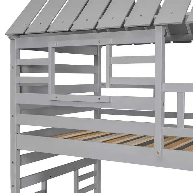 Lits superposés maison jumeaux avec toboggan, lit superposé jumeau avec escaliers de rangement et lit gigogne, lits superposés en bois pour enfants avec toit et fenêtre