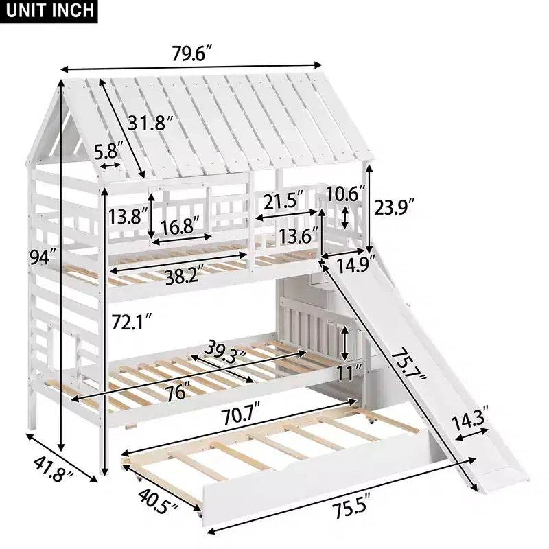 Lits superposés maison jumeaux avec toboggan, lit superposé jumeau avec escaliers de rangement et lit gigogne, lits superposés en bois pour enfants avec toit et fenêtre