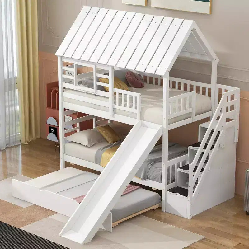 Lits superposés maison jumeaux avec toboggan, lit superposé jumeau avec escaliers de rangement et lit gigogne, lits superposés en bois pour enfants avec toit et fenêtre
