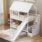 Lits superposés maison jumeaux avec toboggan, lit superposé jumeau avec escaliers de rangement et lit gigogne, lits superposés en bois pour enfants avec toit et fenêtre