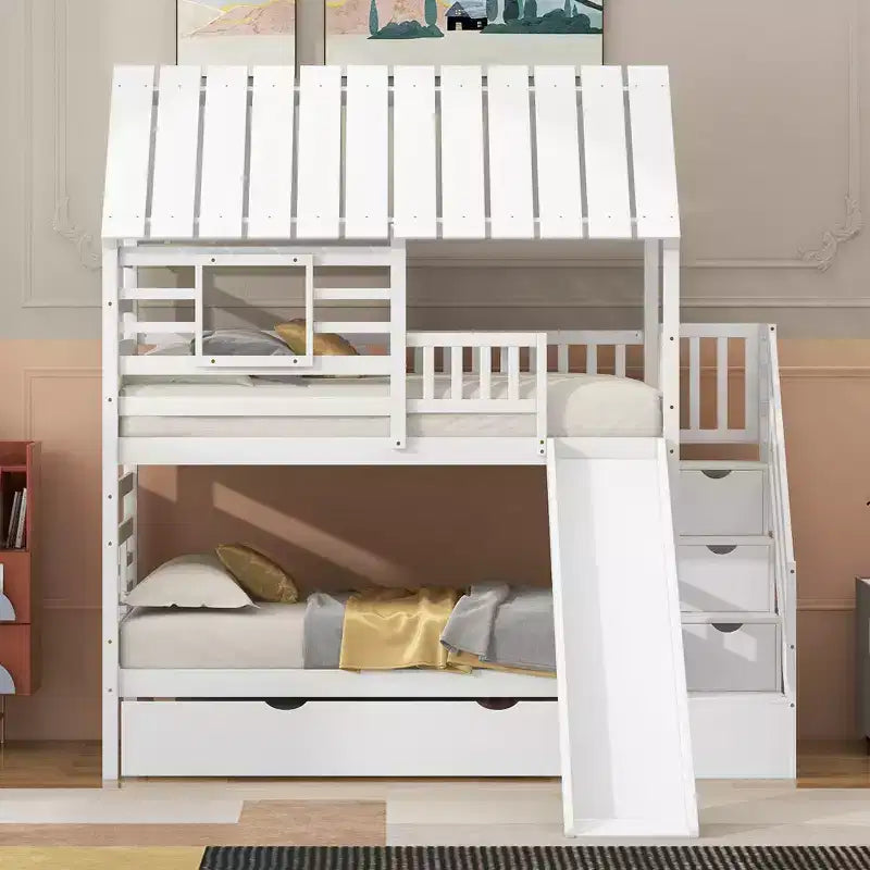 Lits superposés maison jumeaux avec toboggan, lit superposé jumeau avec escaliers de rangement et lit gigogne, lits superposés en bois pour enfants avec toit et fenêtre