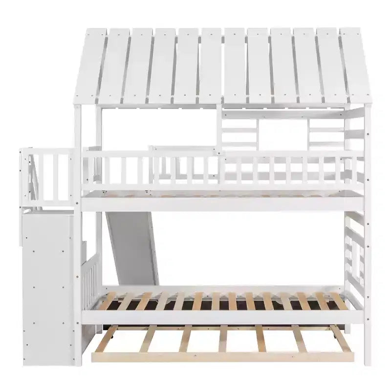 Lits superposés maison jumeaux avec toboggan, lit superposé jumeau avec escaliers de rangement et lit gigogne, lits superposés en bois pour enfants avec toit et fenêtre