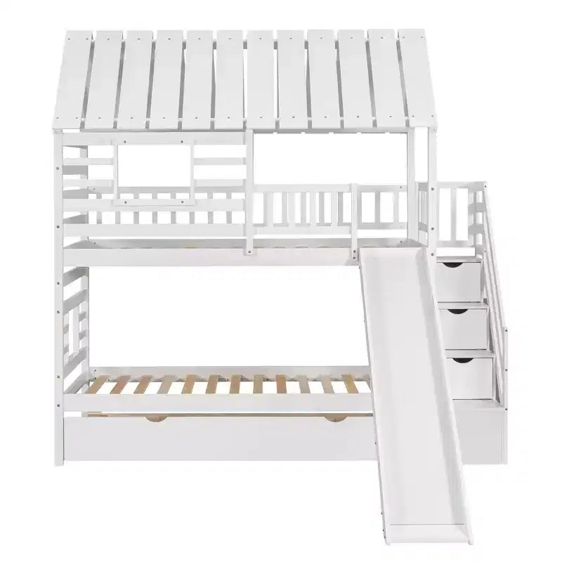 Lits superposés maison jumeaux avec toboggan, lit superposé jumeau avec escaliers de rangement et lit gigogne, lits superposés en bois pour enfants avec toit et fenêtre