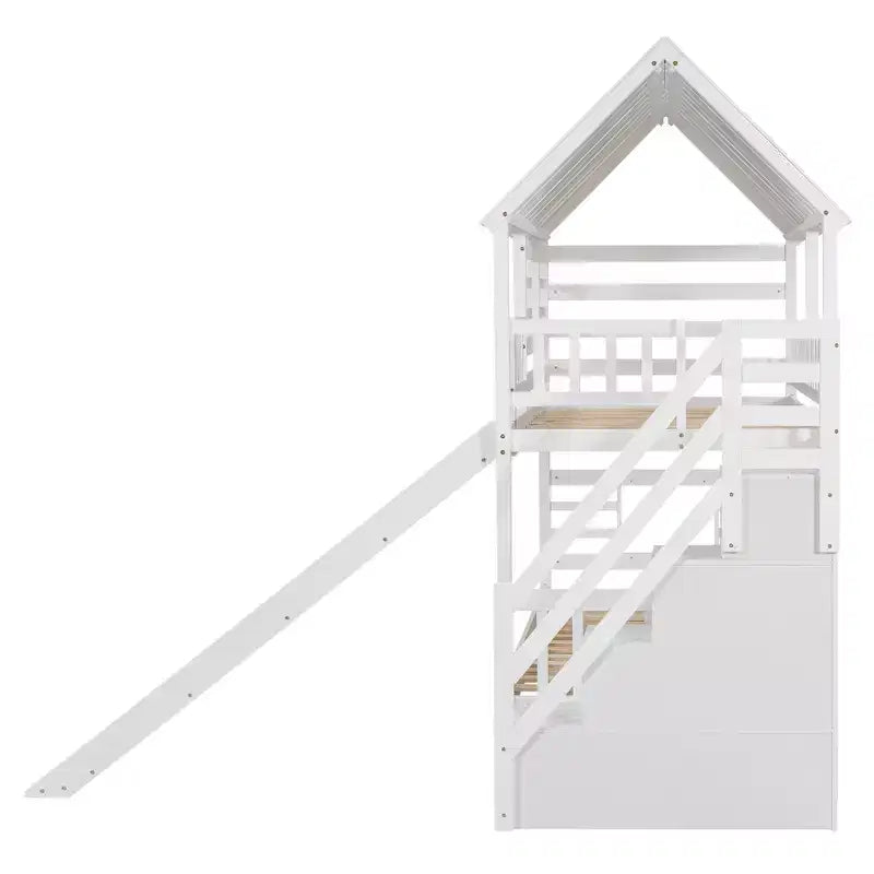 Lits superposés maison jumeaux avec toboggan, lit superposé jumeau avec escaliers de rangement et lit gigogne, lits superposés en bois pour enfants avec toit et fenêtre
