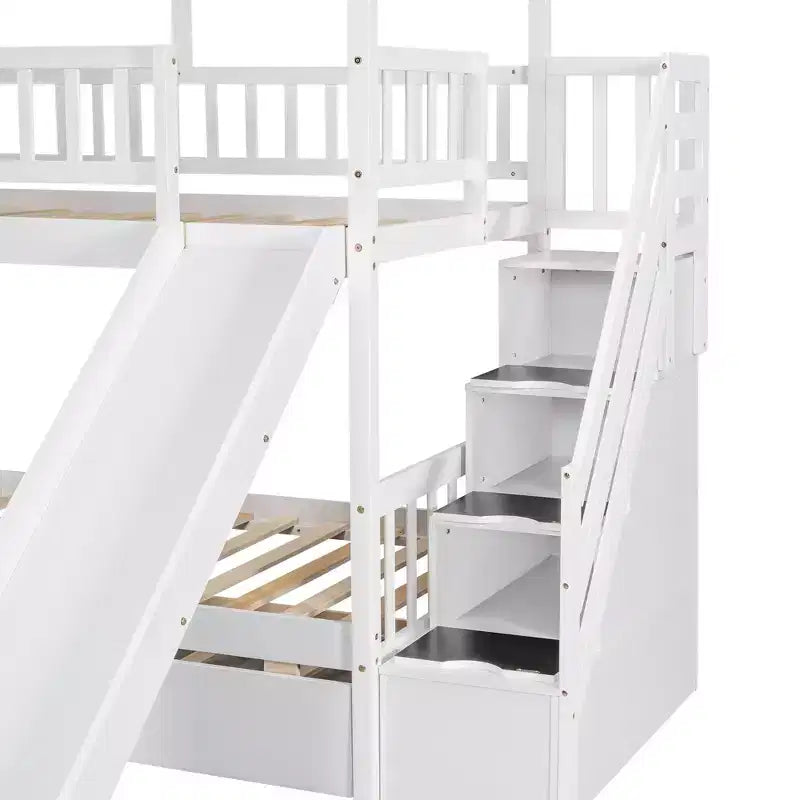 Lits superposés maison jumeaux avec toboggan, lit superposé jumeau avec escaliers de rangement et lit gigogne, lits superposés en bois pour enfants avec toit et fenêtre