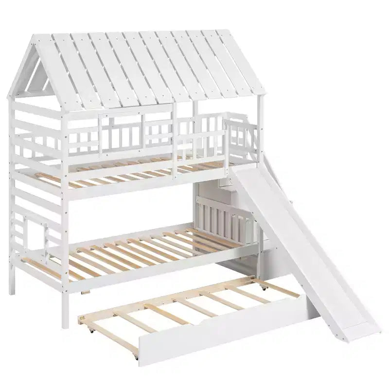 Lits superposés maison jumeaux avec toboggan, lit superposé jumeau avec escaliers de rangement et lit gigogne, lits superposés en bois pour enfants avec toit et fenêtre