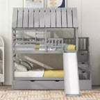Lits superposés maison jumeaux avec toboggan, lit superposé jumeau avec escaliers de rangement et lit gigogne, lits superposés en bois pour enfants avec toit et fenêtre