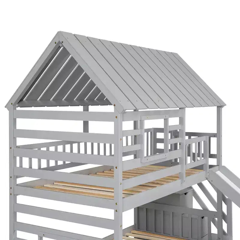 Lits superposés maison jumeaux avec toboggan, lit superposé jumeau avec escaliers de rangement et lit gigogne, lits superposés en bois pour enfants avec toit et fenêtre