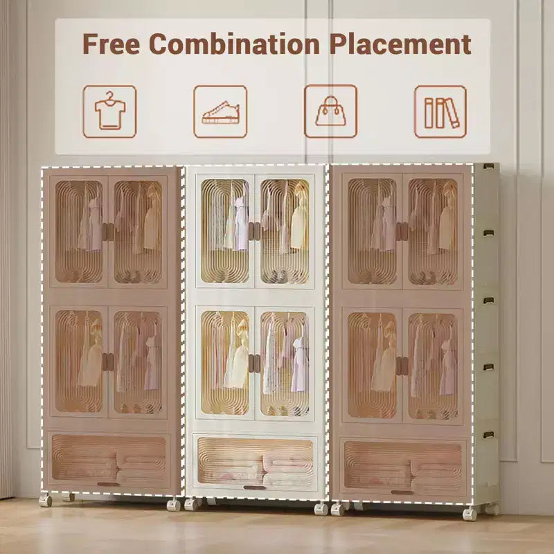 Armoire portable 3 niveaux pour enfants avec portes, meuble de rangement en plastique pour vêtements d'enfants avec tringle de suspension et 10 cintres