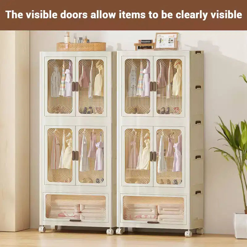 Armoire portable 3 niveaux pour enfants avec portes, meuble de rangement en plastique pour vêtements d'enfants avec tringle de suspension et 10 cintres