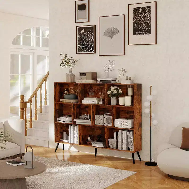 COZONY Étagère 10 cubes à 3 niveaux avec 5 pieds en fer, étagère de rangement ouverte autoportante en bois pour la maison, le bureau, le salon, la chambre