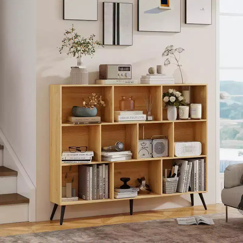 COZONY Étagère 10 cubes à 3 niveaux avec 5 pieds en fer, étagère de rangement ouverte autoportante en bois pour la maison, le bureau, le salon, la chambre