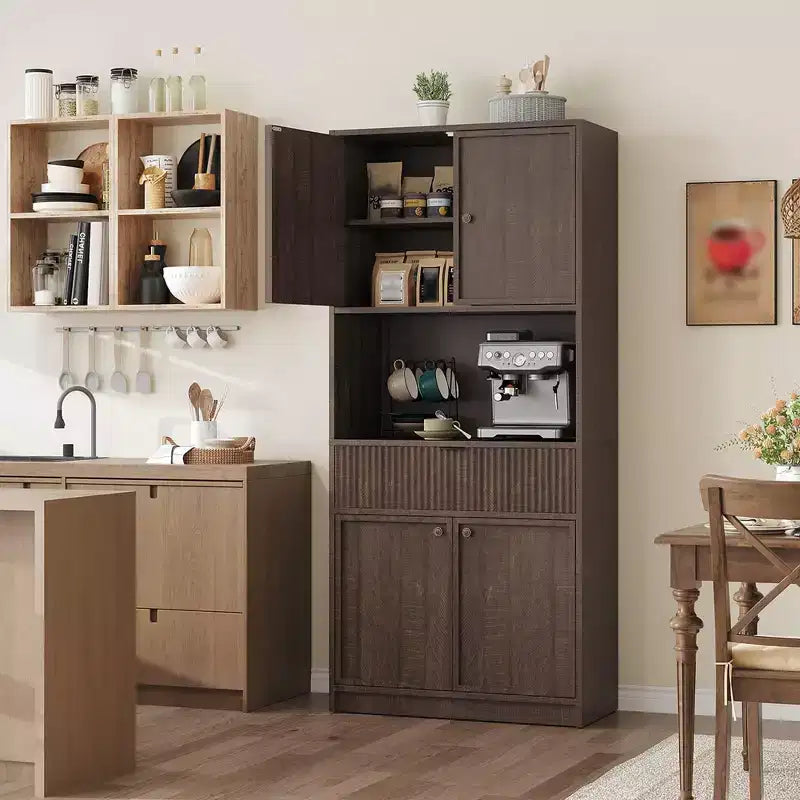 Meuble de rangement haut de cuisine de 178 cm, meuble de rangement en bois cannelé avec étagères réglables, meuble de rangement de salle de bain autoportant