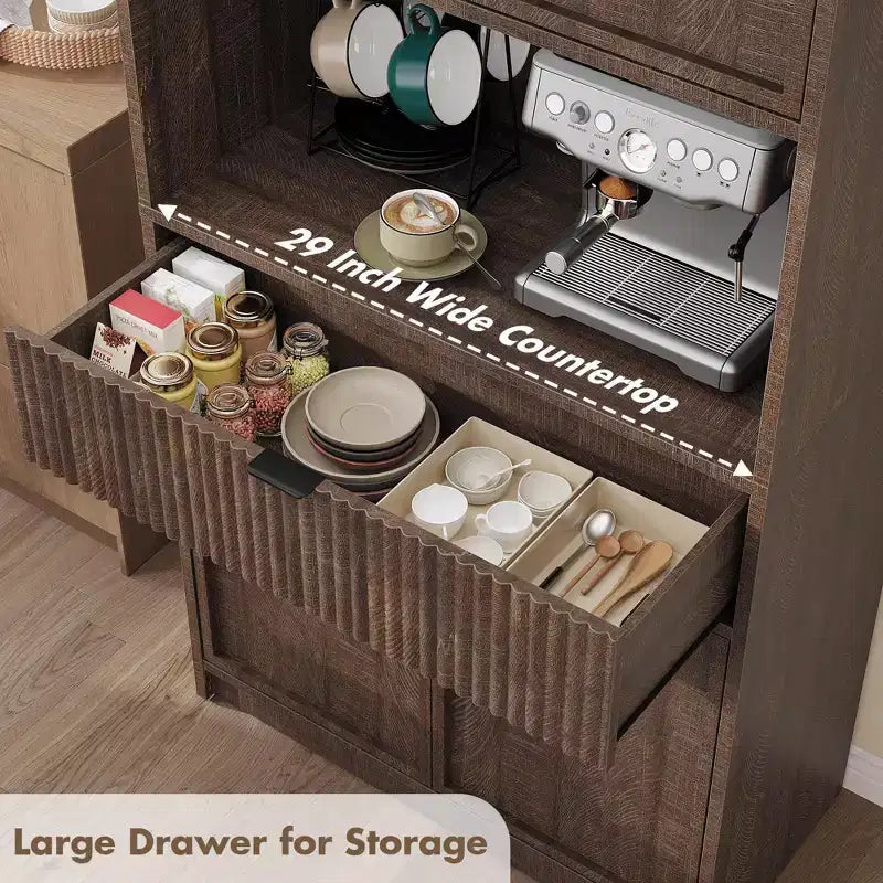 Meuble de rangement haut de cuisine de 178 cm, meuble de rangement en bois cannelé avec étagères réglables, meuble de rangement de salle de bain autoportant
