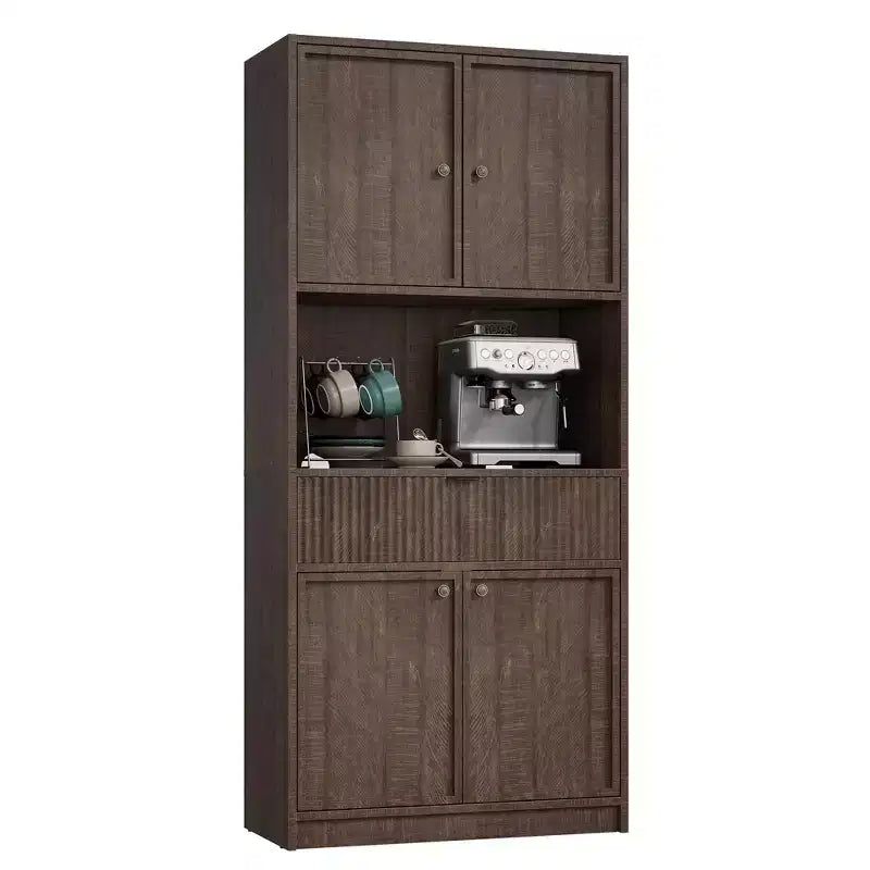 Meuble de rangement haut de cuisine de 178 cm, meuble de rangement en bois cannelé avec étagères réglables, meuble de rangement de salle de bain autoportant