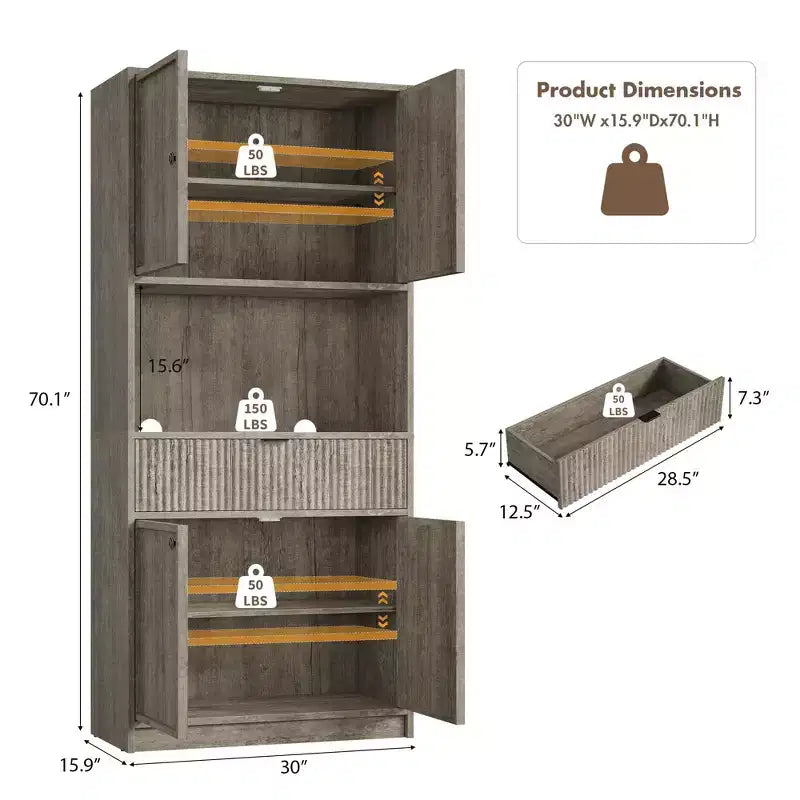 Meuble de rangement haut de cuisine de 178 cm, meuble de rangement en bois cannelé avec étagères réglables, meuble de rangement de salle de bain autoportant