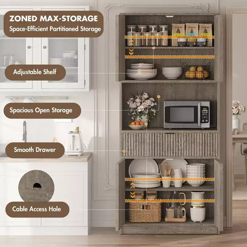 Meuble de rangement haut de cuisine de 178 cm, meuble de rangement en bois cannelé avec étagères réglables, meuble de rangement de salle de bain autoportant