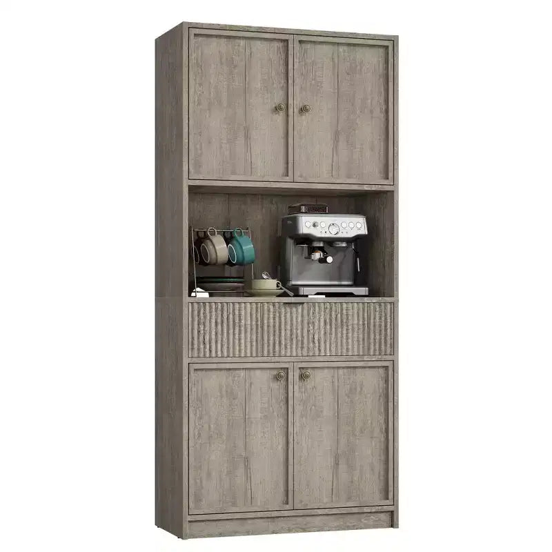 Meuble de rangement haut de cuisine de 178 cm, meuble de rangement en bois cannelé avec étagères réglables, meuble de rangement de salle de bain autoportant